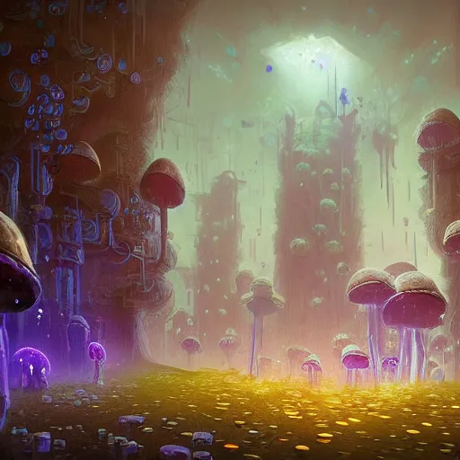 Image similar to concept art detailed painting of a dark purple fungal fairytale city made of mushrooms, with glowing blue lights, in the style of jordan grimmer and neil blevins and wayne barlowe