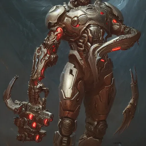 Image similar to doom eternal, biopunk armor, painted by stanley lau, painted by greg rutkowski, painted by stanley, artgerm, masterpiece, digital art, trending on arts