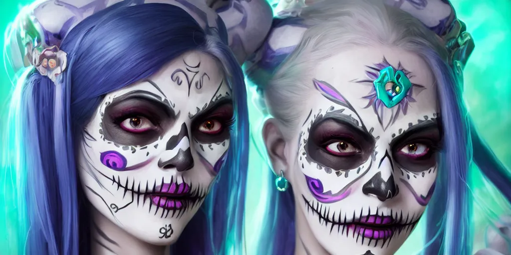 Prompt: uhd portrait photography mirror of jinx from league of legends with her face painted as in the dia de los muertos, coherent portraits, mmorpg fantasy, intricate, elegant, highly detailed, digital painting, trending on artstation, hdr photo, smooth, sharp focus, illustration, art by artgerm and greg rutkowski and alphonse mucha