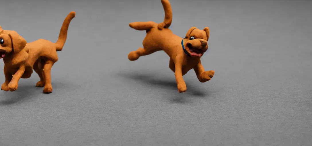 Image similar to dog playing fetch, claymation, stop motion, shallow depth of field