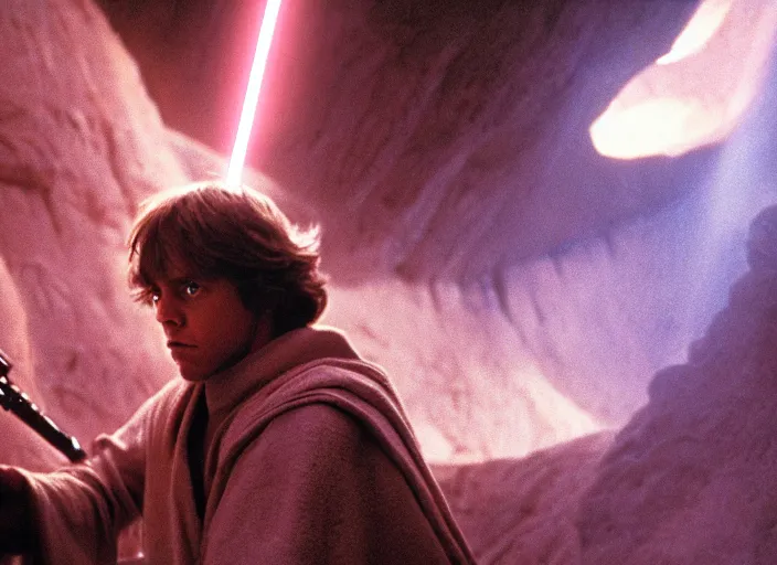Image similar to detailed photo of Luke skywalker finding the ancient jedi texts. a dark pink hazy ethereal cave from Indiana jones, screenshot from the 1983 film, Photographed with Leica Summilux-M 24 mm lens, ISO 100, f/8, Portra 400
