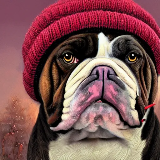 Prompt: bulldog wearing a beanie, highly detailed, sharp focus, digital painting, artwork by Victor Adame Minguez + Yuumei + Tom Lovell + Sandro Botticelli