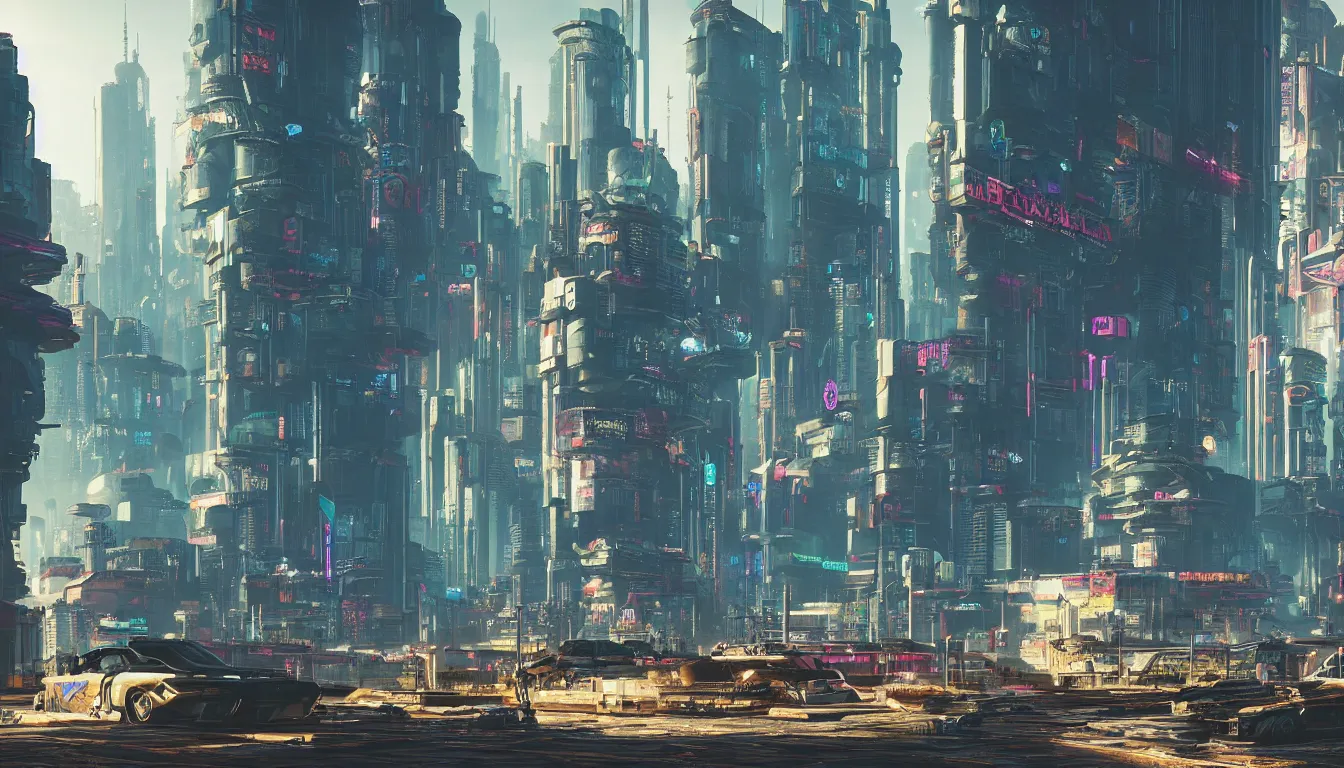 Prompt: Cyberpunk 2077 city, chaos, 4k, concept art, by Lea Leonowicz