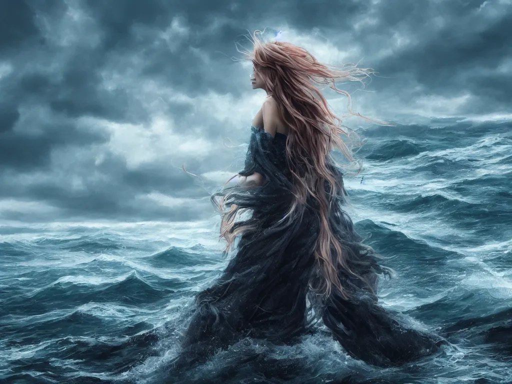 Prompt: a sea witch on a rough ocean with turbulent skies, photorealistic, by wlop, 4 k resolution