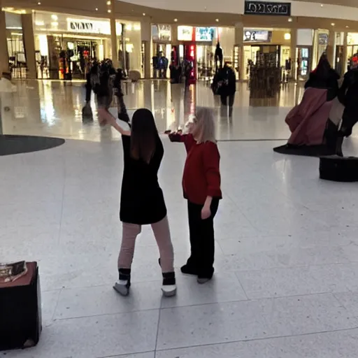 Image similar to security camera footage of two witches performing a summoning ritual in the middle of a mall