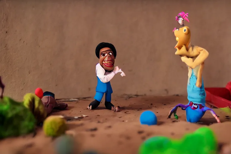 Image similar to cinematic screenshot of a stop motion claymation film about a wacky adventure starring danny brown, shallow depth of field, 1 8 mm, f 1. 8