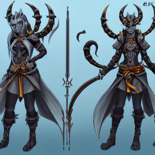 Prompt: dungeon and dragons character art concept, full body, tiefling cleric gunslinger, ayami kojina style, grey skin, detailed horns, demon tail, blue cleric robe with golden embroidery, character design, game design