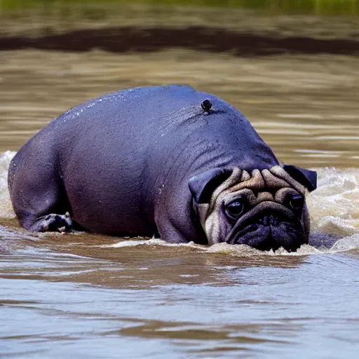 Prompt: pug hippo swimming in a river in the savanna