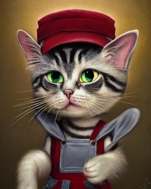 Prompt: very beautiful portrait of an extremely cute and adorable cat wearing overalls, smooth, perfect face, fantasy, character design by mark ryden and craola, sharp focus, concept art, intricate detail, cinematic lighting, hyperrealistic, 5 0 mm, diorama macro photography, 8 k, nature
