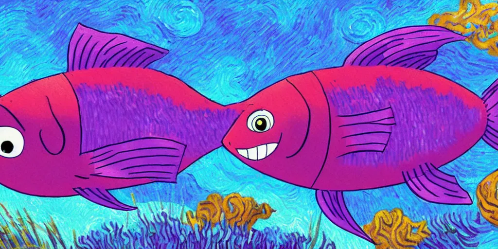 Prompt: A purple fish, swimming in a beautiful coral reef, Digital art, Concept art by Studio Ghibli and Pixar and Vincent Van Gogh