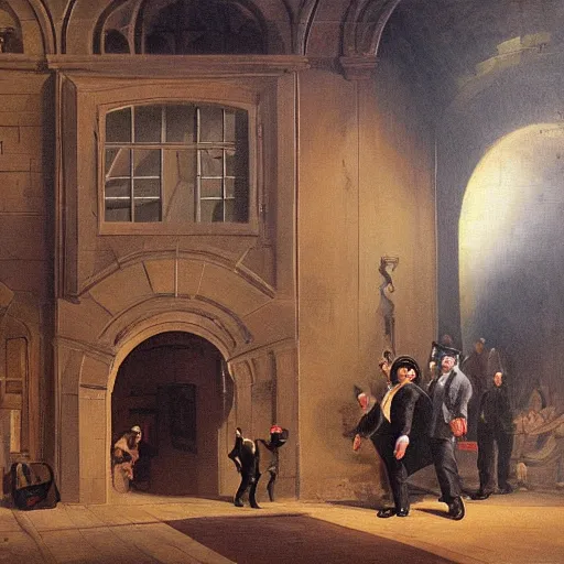 Image similar to underground tunnels inhabited by chubby white businessmen, mechanical computers, lights and switches, portal to the dreamworld, baroque oil painting