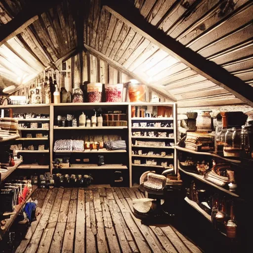 Image similar to a photo of a store in an attic, selling potions