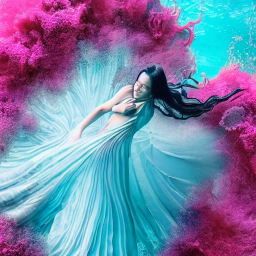 Image similar to woman dancing underwater wearing a flowing dress made of blue and magenta seaweed, delicate coral sea bottom, swirling silver fish, swirling smoke shapes, octane render, caustics lighting from above, cinematic