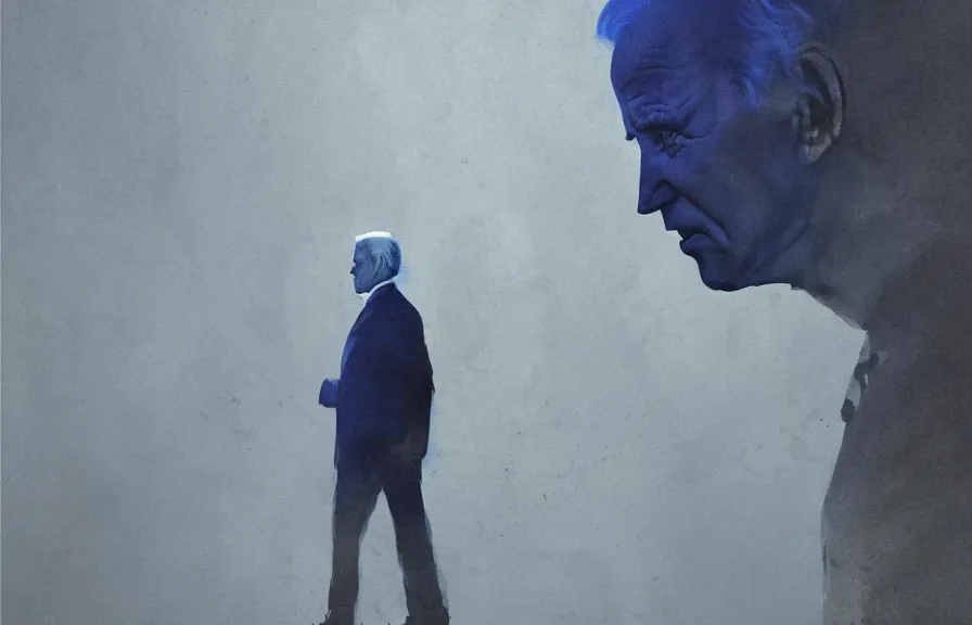 Prompt: Joe Biden casts a long shadow, by Greg Rutkowski and Dave McKean blue color palette