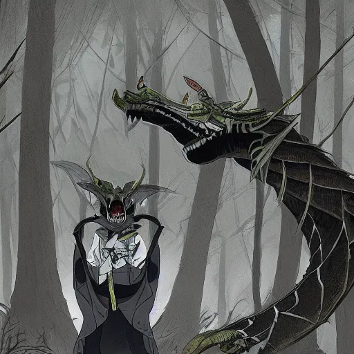 Image similar to concept art painting of an anthropomorphic dragon king with black robes, a long neck, and skull mask, in a deep forest, cel shaded, in the style of makoto shinkai and james gurney and studio ghibli and moebius