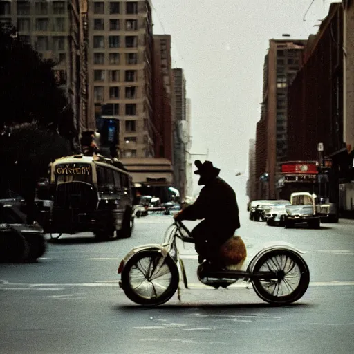 Prompt: a man riding a walrus down the street, kodachrome, 3 5 mm f 1. 4 lens, depth of field, dramatic lighting, masterpiece