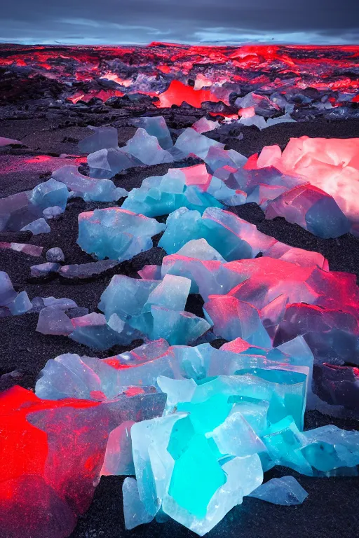 Prompt: 8 k landscape photo of incandescent jell - o icelandic rocks, wide shot, futuristic, skylights, light shafts, hyperrealistic, highly detailed and intricate, creepy, ominous, haunting, cinematic, atmospheric,