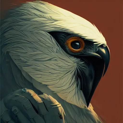 Image similar to ripped physique beak beak Man portrait Sherlock Samuel Beckett Beak Detective Anthropomorphic furry fashion vogue Vulture man wearing a Buzzard costume wearing a hobo costume gerald brom bastien grivet greg rutkowski norman rockwell portrait face head beak eyes illustration tombow