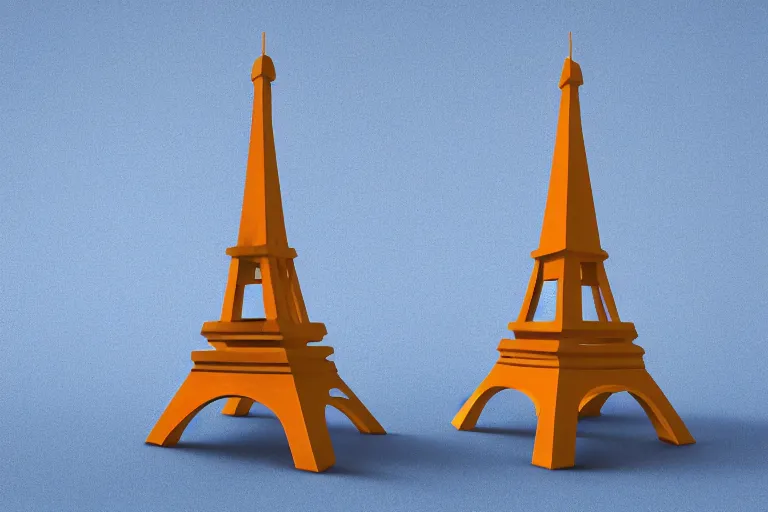 Image similar to 3d render of a small Eiffel Tower model made of Swiss cheese, blue background, soft lighting