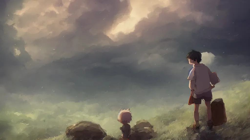 Prompt: Boy wandering with small creature on shoulder, made by Studio Ghibli, cinematic lighting, destroyed landscape, storm behind, highly detailed art, beautiful scene, artstation trending, sharp focus, smooth, artgerm