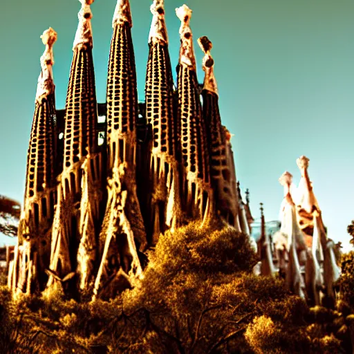 Image similar to time magazine photo, la sagrada familia in a beautiful scenic epic desert, surreal, epic composition, rule of thirds, 4 k wallpaper, golden hour, dramatic lighting,