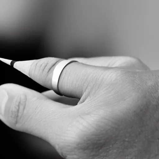 Prompt: a normal male hand with a five-finger ring and a cigarette-shaped pencil between the middle and index fingers