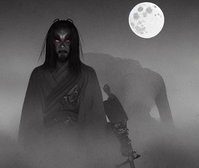 Image similar to '2d design graphic a samurai in the night ,big white moon background , gloomy and foggy atmosphere, octane render, artstation trending, horror scene, highly detailded style of Moebius, black and white ink '