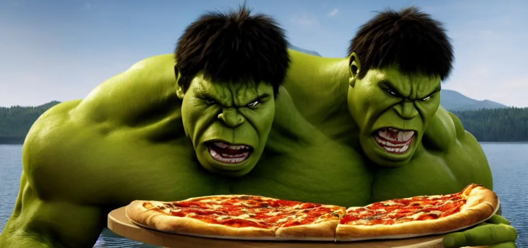 Prompt: a very high resolution image from a new movie. hulk eating pizza on a lake, photorealistic, photography, directed by wes anderson