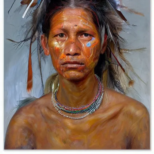 Image similar to high quality high detail painting by jenny saville, hd, a skinny beautiful indigenous woman tribe leader, hair in wind, many pretty feathers, muted colors, cream color, photorealistic lighting