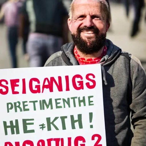 Image similar to photograph of smiling man holding a protest sign saying'2 + 2 = 3 lol 😂 ', high detail, 8 k resolution