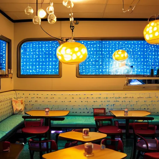 Prompt: inside of a diner with jellyfish lampshades, polka dot tables, cozy lighting, late night, foreground has shrek, photo