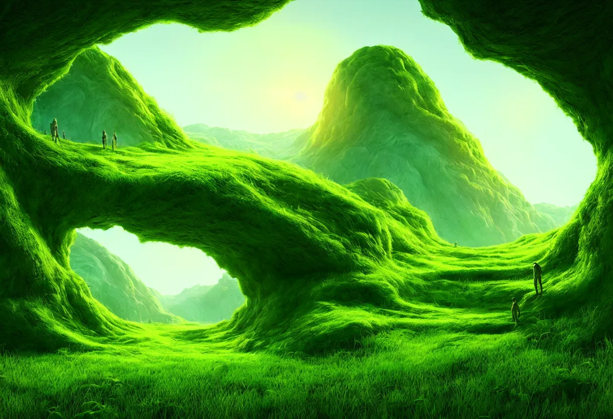 Prompt: inside of alien lush summer green landscape of human mind and imagination, matte painting, beautiful render, octane render, concept art