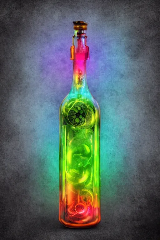 Image similar to photo of a rainbow colored filigran steampunk bottle, band merchandise, bandname is tripmachine, realistic digital art, label on the bottle is printed with a 3 d render of a huge futuristic steampunk generator, 8 k, fluorescent colors, halluzinogenic, multicolored, exaggerated detailed, unreal engine