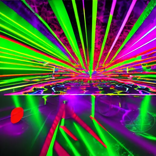 Image similar to Dance rave with psychedelic lasers and lighting, photorealistic digital art