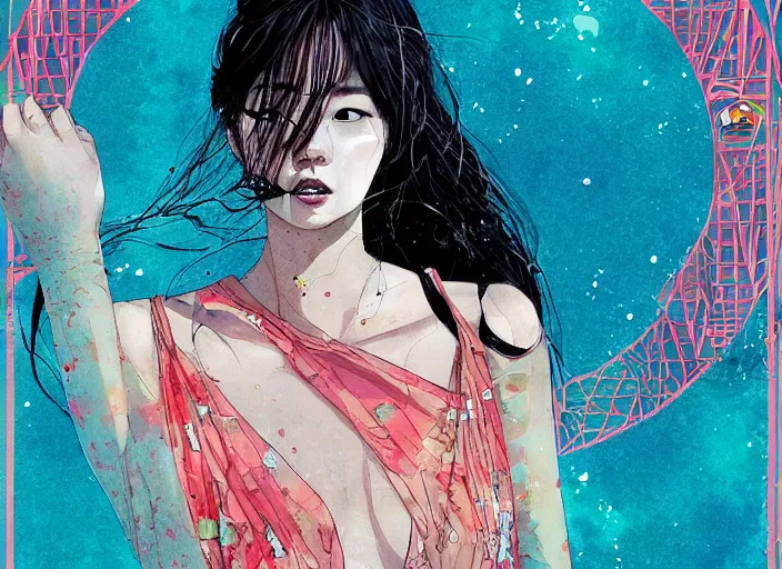 Image similar to lee jin - eun in luxurious dress emerging from turquoise water in egyptian pyramid city during an eclipse by conrad roset, m. k. kaluta, martine johanna, rule of thirds, elegant look, beautiful, chic, face anatomy, cute complexion