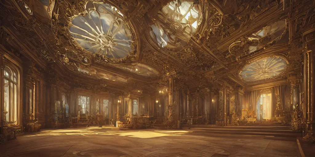 Image similar to a view of the inside of a late Victorian mansion, intricate, elegant, highly detailed, ornate, elegant, luxurious, beautifully lit, ray traced, octane render in the style of Peter Mohrbacher and Peter Gric