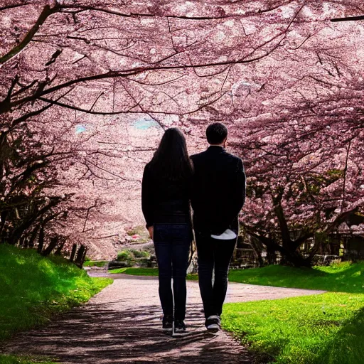 Image similar to a young man and young lady walking hand in hand with their backs turned away from the camera lens, surrounded by cherry blossom trees