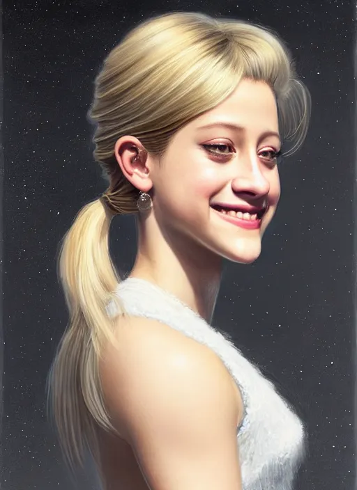 Image similar to portrait of lili reinhart with fluffy bangs, smiling kindly, bangs, 1 9 6 0 s, ponytail, curly bangs and ponytail, intricate, elegant, glowing lights, highly detailed, digital painting, artstation, concept art, smooth, sharp focus, illustration, art by wlop, mars ravelo and greg rutkowski