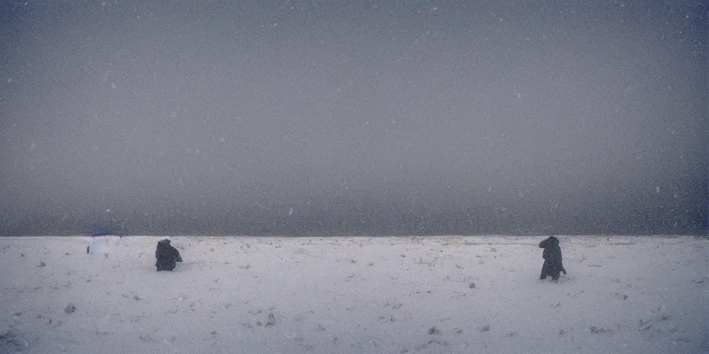 Image similar to photo of shiprock, new mexico during a snowstorm. a old man in a trench coat and a cane appears in the midground. cold color temperature. blue hour morning light, snow storm. hazy atmosphere. humidity haze. kodak ektachrome, greenish expired film, award winning, low contrast.