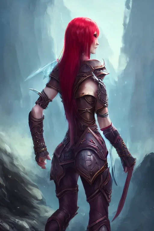 Prompt: Female paladin, dnd, d&d, leggins, red hair, looking from behind, visible face, beautiful face, derriere, high fantasy, matte painting, by wlop