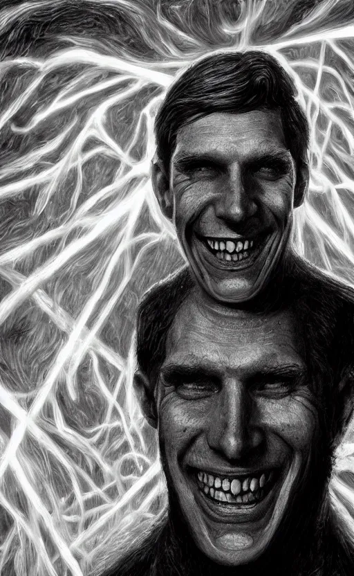 Image similar to portrait of lovecraftian smiling jerma, surrounded by beams of light dark background by wayne barlow, stanley donwood, anton semenov, zdzislaw bekinski, hr giger, 8 k, fantasy, dark, highly detailed