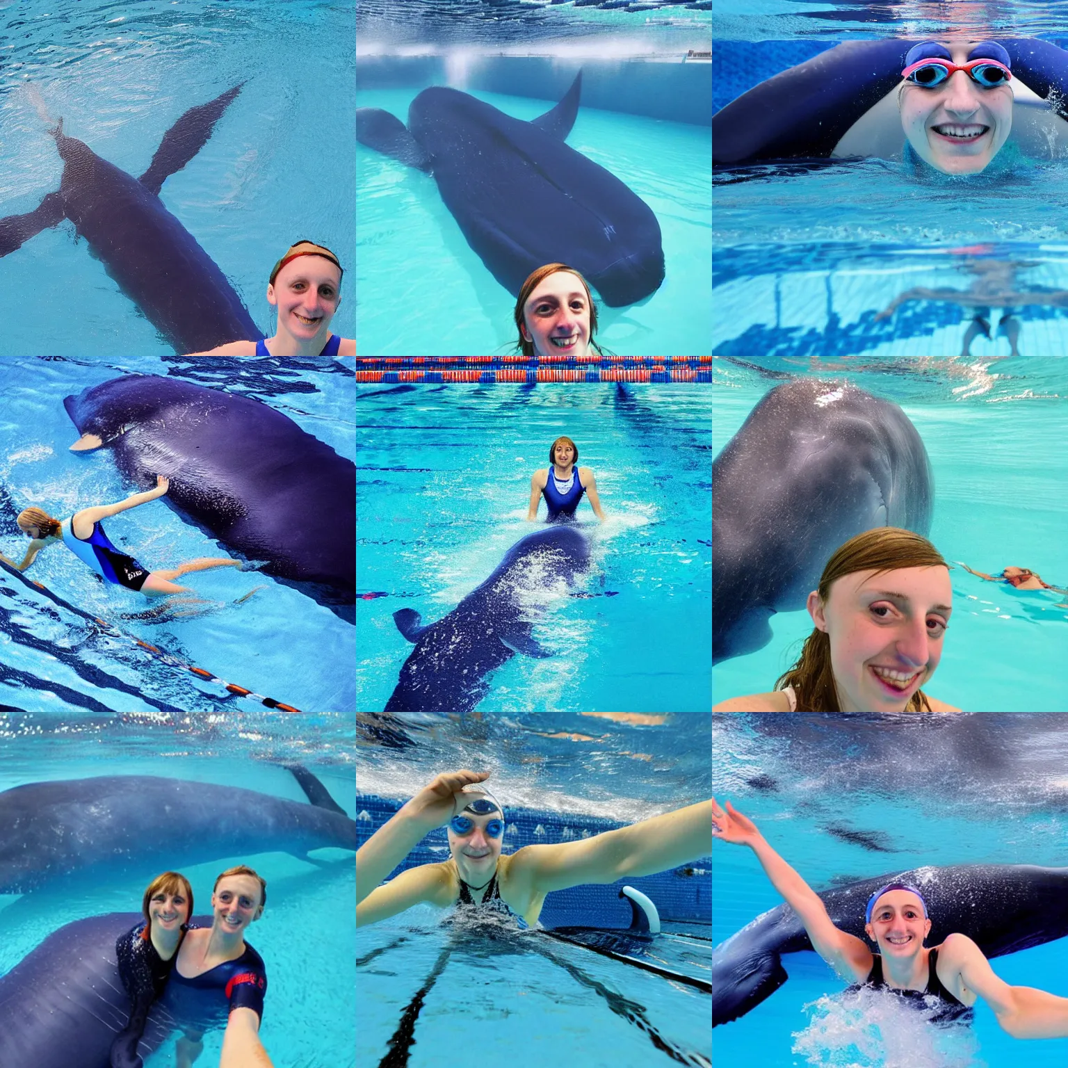 Prompt: Selfie of Katie Ledecky with a blue whale, in an Olympic swimming pool