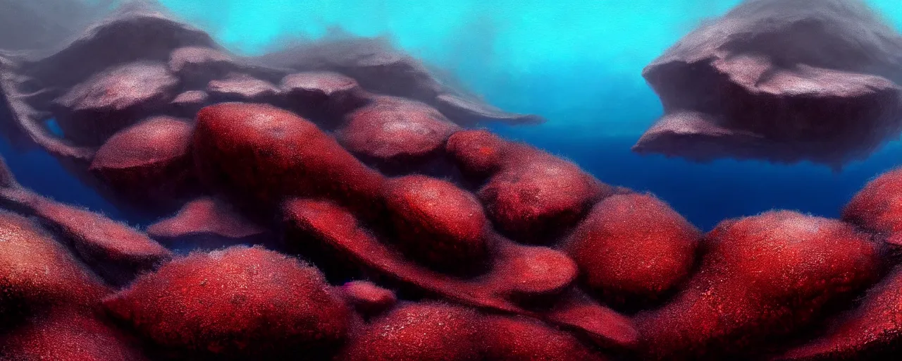 Image similar to A gorgeous detailed oil of a dark red sea covered in big blue steep rocks, a school of piranhas underwater, the further away the mistier it gets, surreal, concept art, dark aesthetic, atmospheric, moody, hyperrealism, highly detailed, masterpiece, award winning, 4k, unreal engine