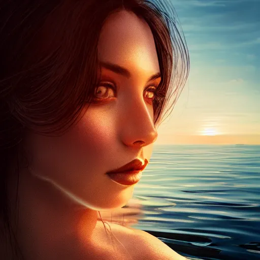 Prompt: alluring portrait woman made of glass emerging out of the ocean at sunset, realistic reflections, translucency, ray tracing, 3 - d render, intricate details, masterpiece, surreal, style of julia wimmerlin