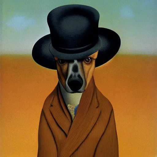 Image similar to a rene magritte painting of a dog wearing a hat