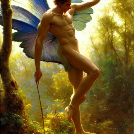 Image similar to attractive male fairy with wings in the forest, posing. highly detailed painting by gaston bussiere, craig mullins, j. c. leyendecker, 8 k