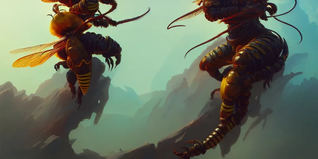 Image similar to a bee with a scorpion tail, vivid colors, extremely detailed digital painting, in the style of fenghua zhong and ruan jia and jeremy lipking and peter mohrbacher, mystical colors, rim light, beautiful lighting, 8 k, stunning scene, raytracing, octane, trending on artstation