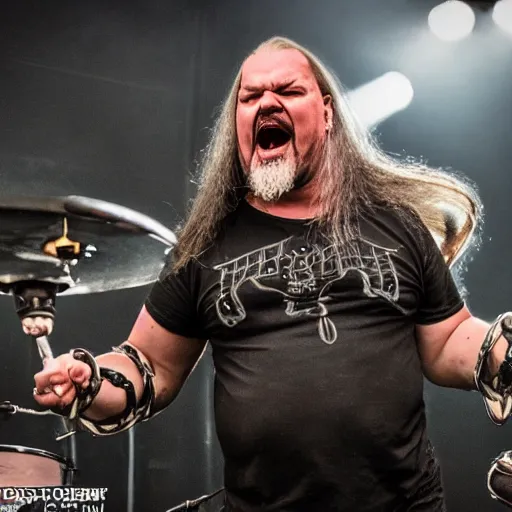 Prompt: Tomas Haake with 6 arms, playing heavy metal drums