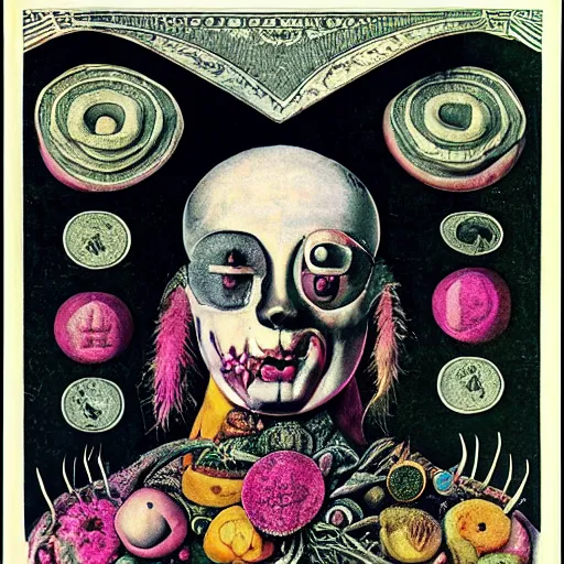 Image similar to post - punk new age album cover, asymmetrical design, dollar, money, bank notes, magic, apocalypse, psychedelic, black white pink, magic, giger h. r., giuseppe arcimboldo