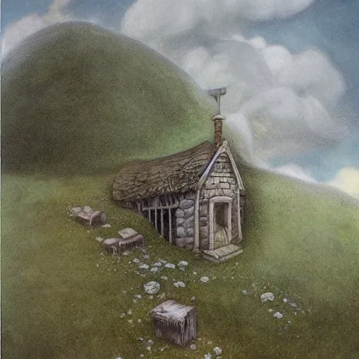 Prompt: beautiful matte painting of a cottage on a hill whimsical by brian froud and bridget bate tichenor - h 7 6 8 - n 4